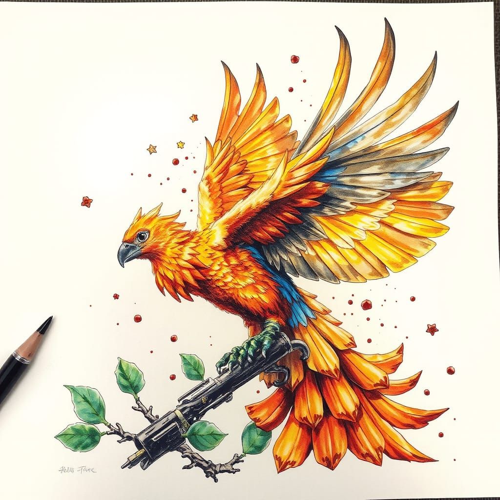Detailed Watercolor Painting of a Fiery Phoenix