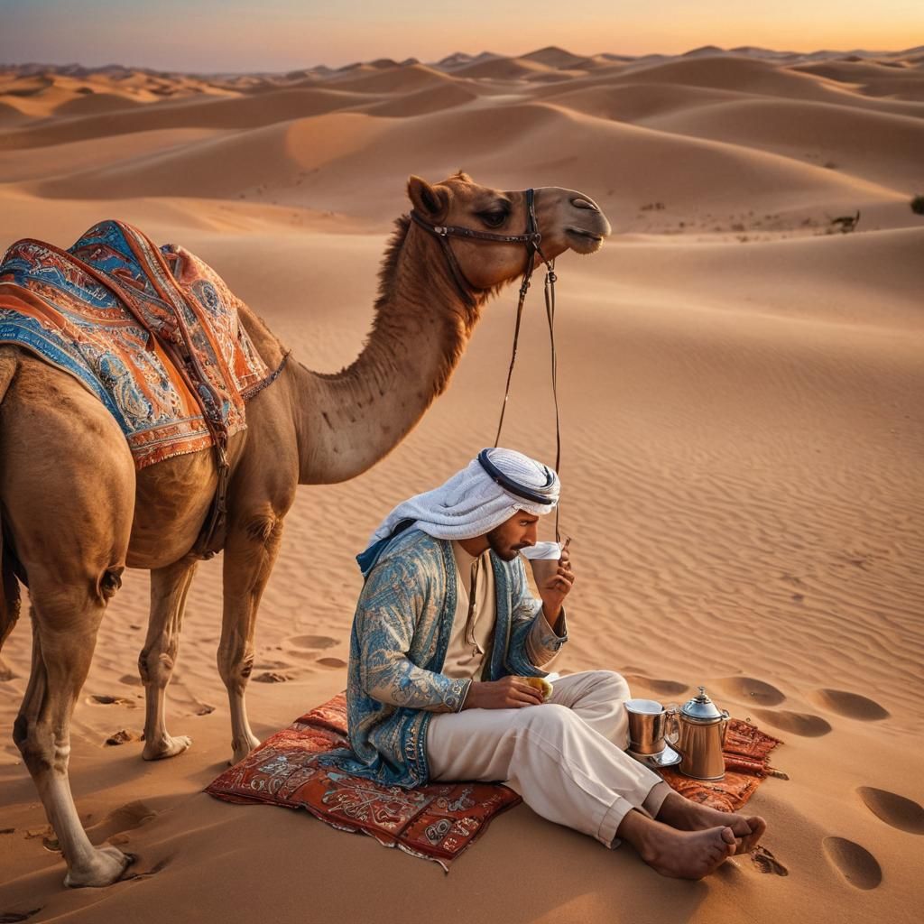 Arabian Man Enjoys Coffee at Desert Sunset