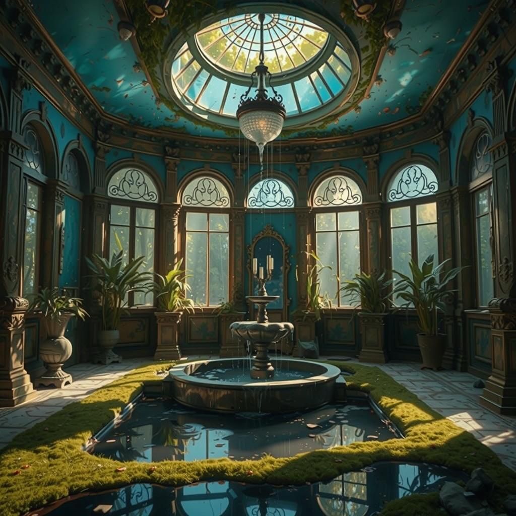 Fountain in Abandoned Bathhouse, Klimt Art Deco Style