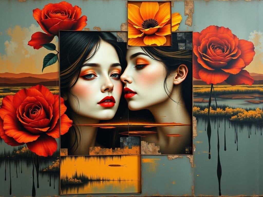 Surreal Floral Reflections in Mixed Media Oil