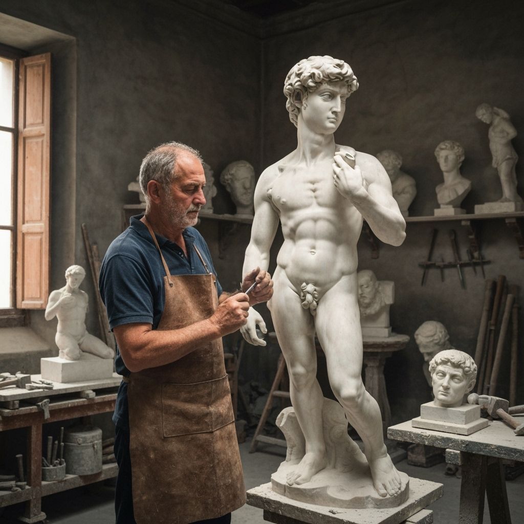 Michelangelo Sculpting David: A Photorealistic Workshop Scen...