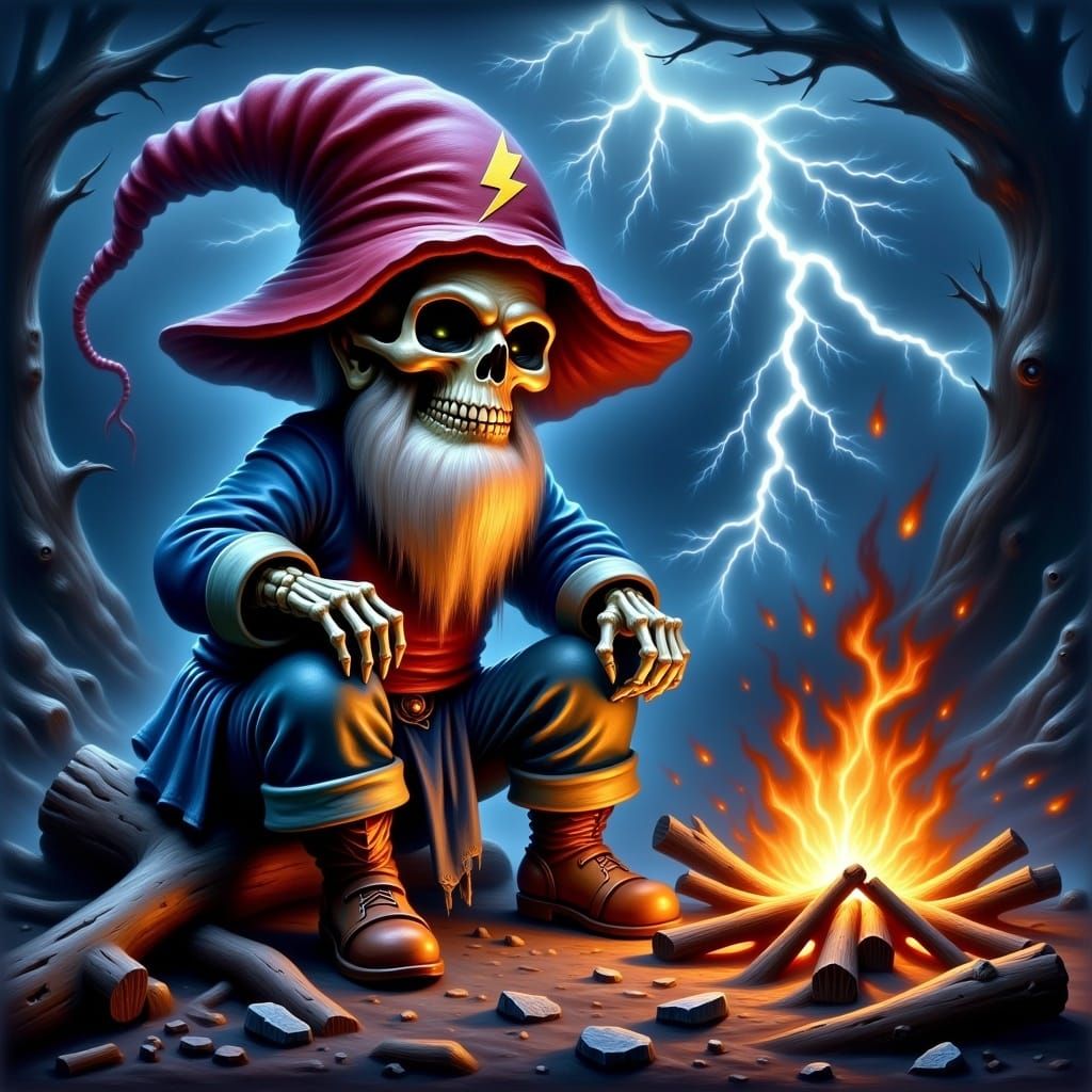Animated Skeletal Gnome Campfire Oil Painting