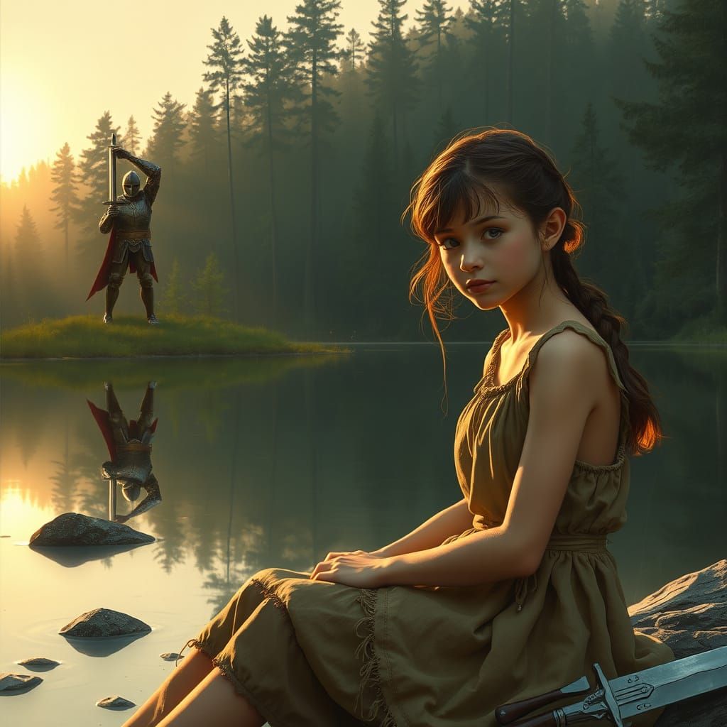 Young Girl Contemplates Warrior in Lake's Reflection
