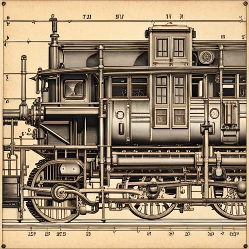 Detailed Steam Locomotive Blueprint in Pen and Ink