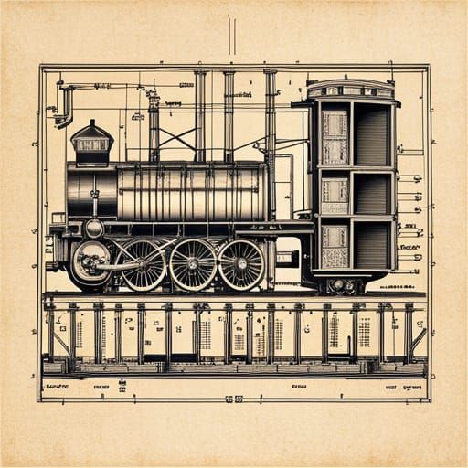Steam Locomotive Blueprint in Pen and Ink Style