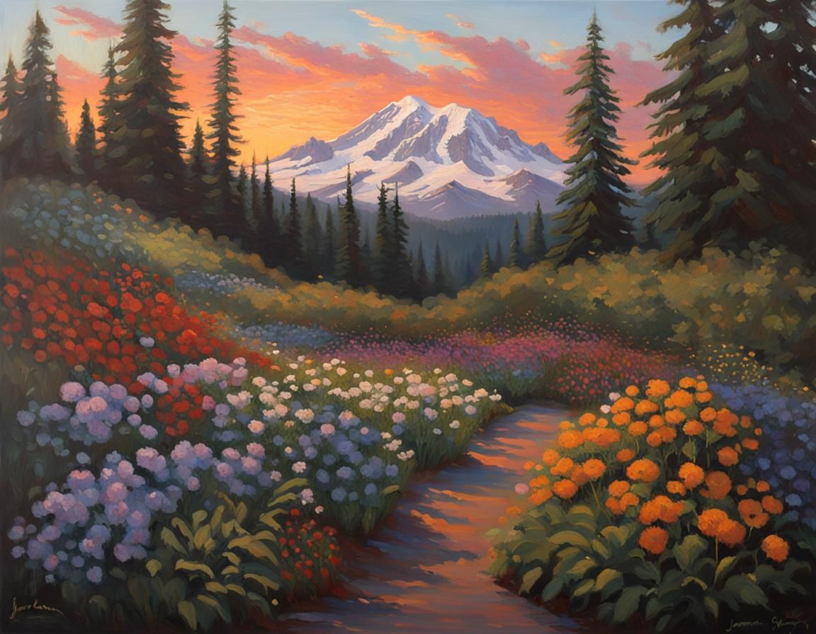 Mount Rainier Sunset with Garden of Emotions
