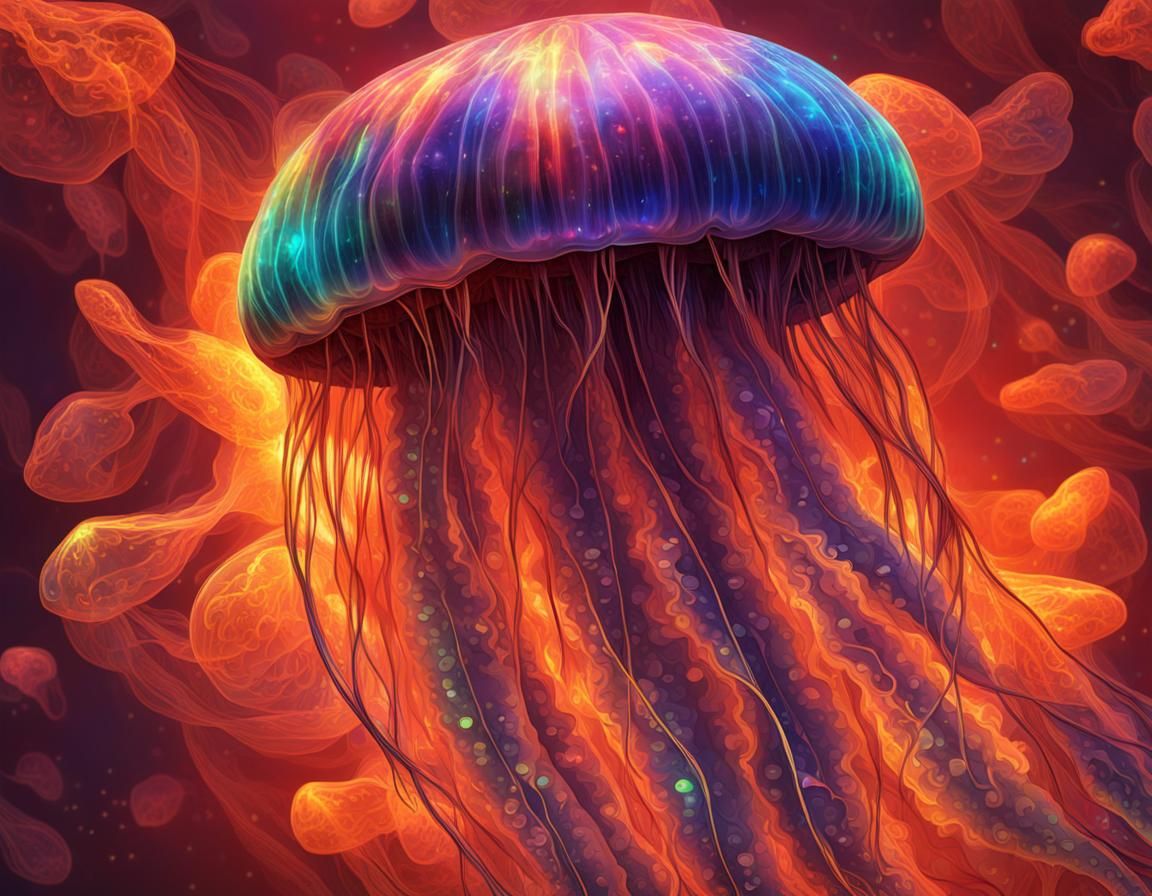 Vibrant Holographic Jellyfish in Fiery Aura