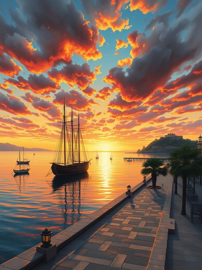 Bayona Promenade at Sunrise: Oil Painting of Galicia Coastli...