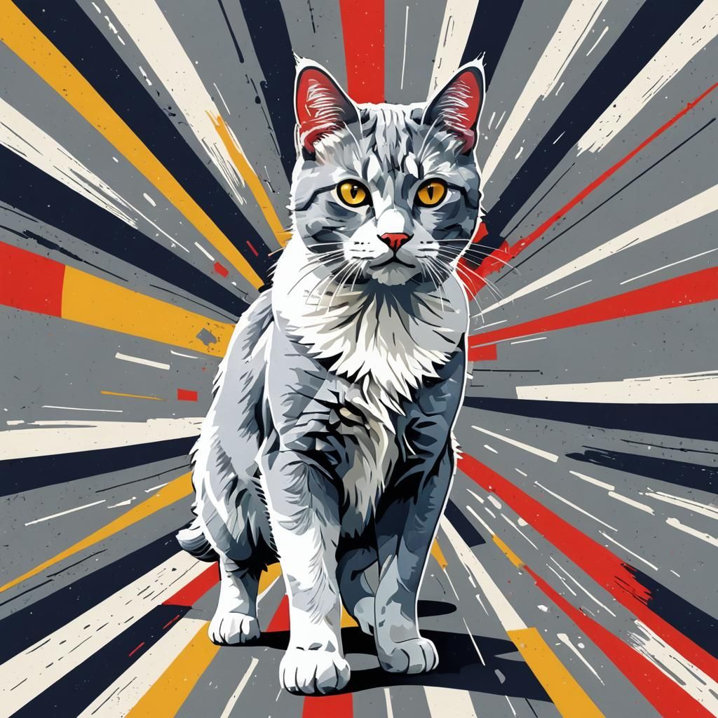 Grey and White Cat in Pop Art Style