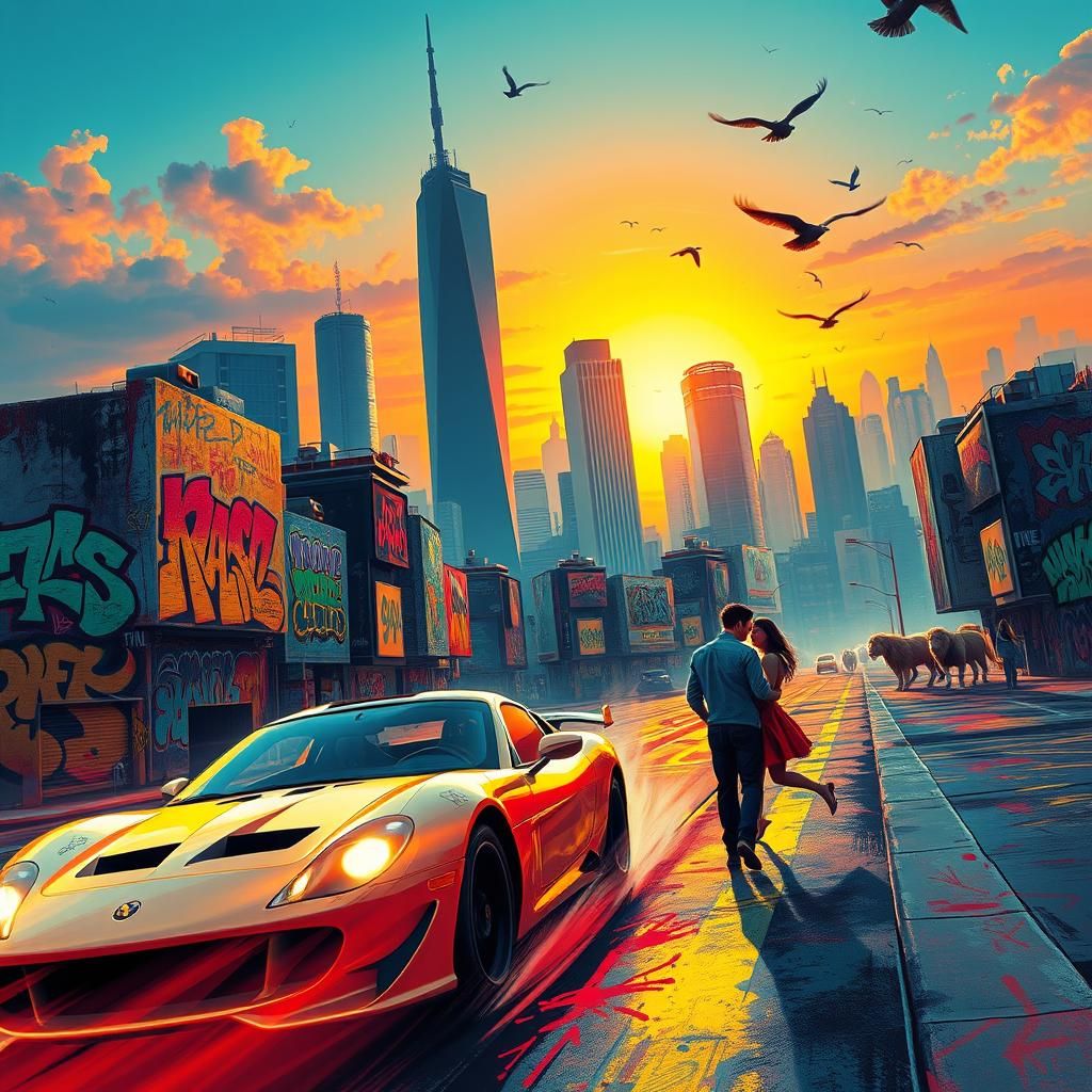 Vibrant Cityscape: Racing Car, Couple, and Freedom