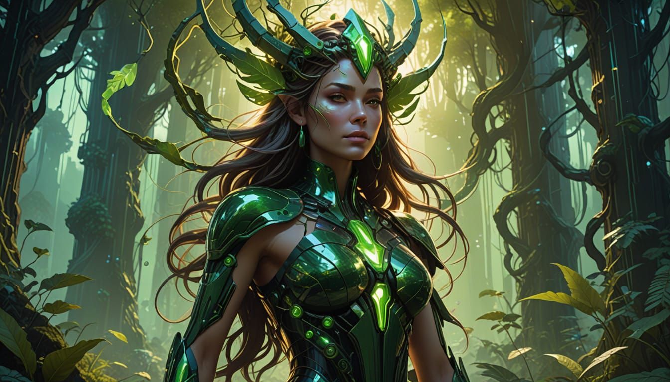 Green Earth Goddess in a biomech suit made of see ush green leaves and high tech circuitry