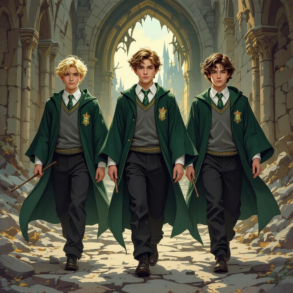 Muscular Boys in Slytherin Robes at Ruined Hogwarts