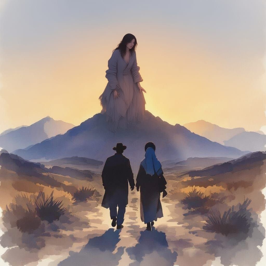 Jewish Couple Walks to Mount Sinai in Watercolor Style