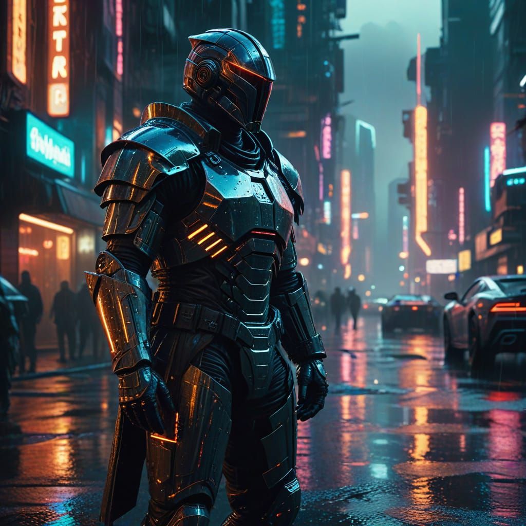 Knight in Cyberpunk City: Cinematic Film Still