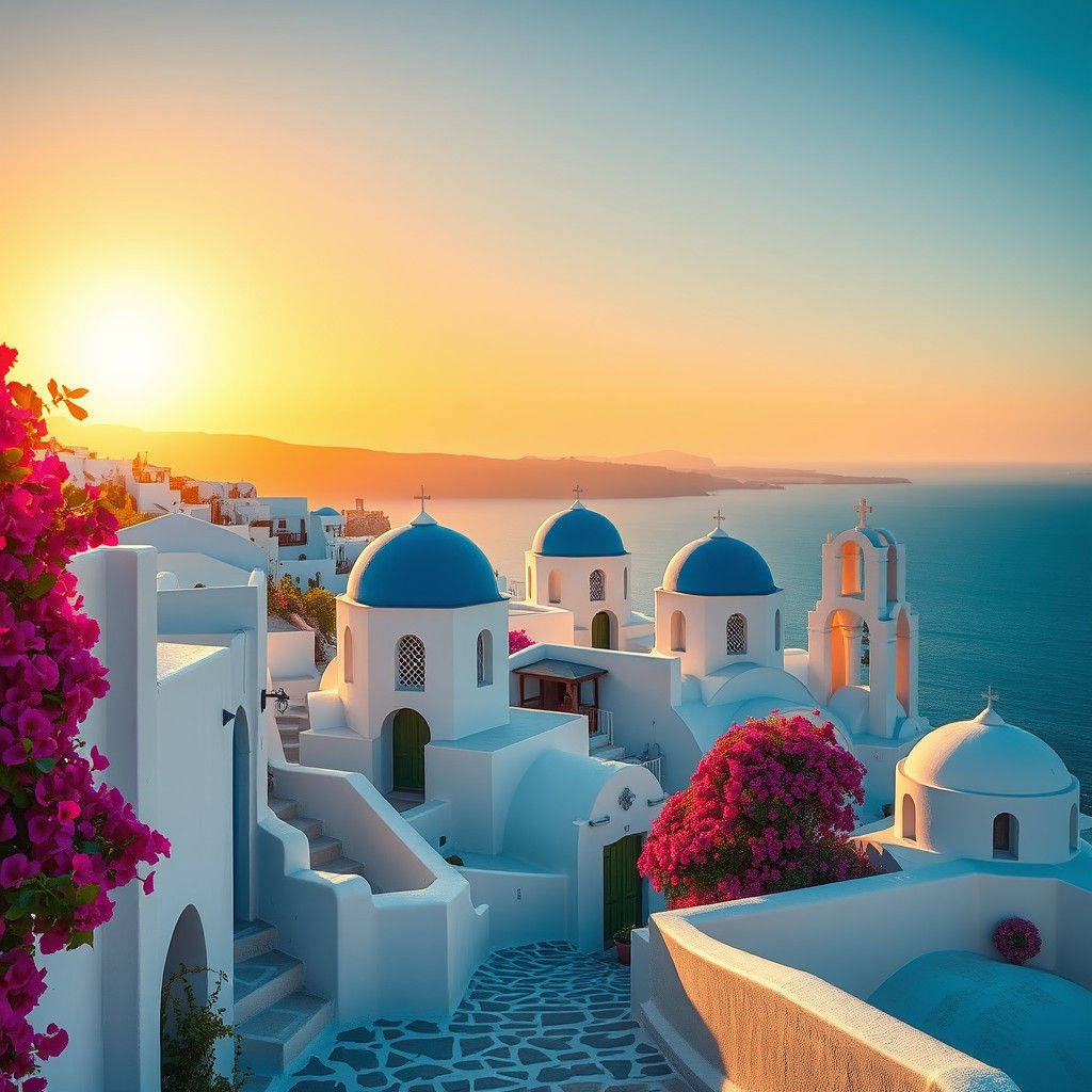 Santorini Sunrise: Whitewashed Houses in Digital Painting St...
