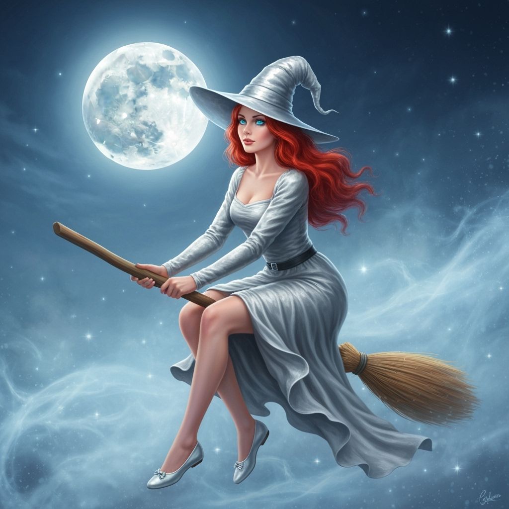 Enchanting Witch Flying Under Luminous Full Moon