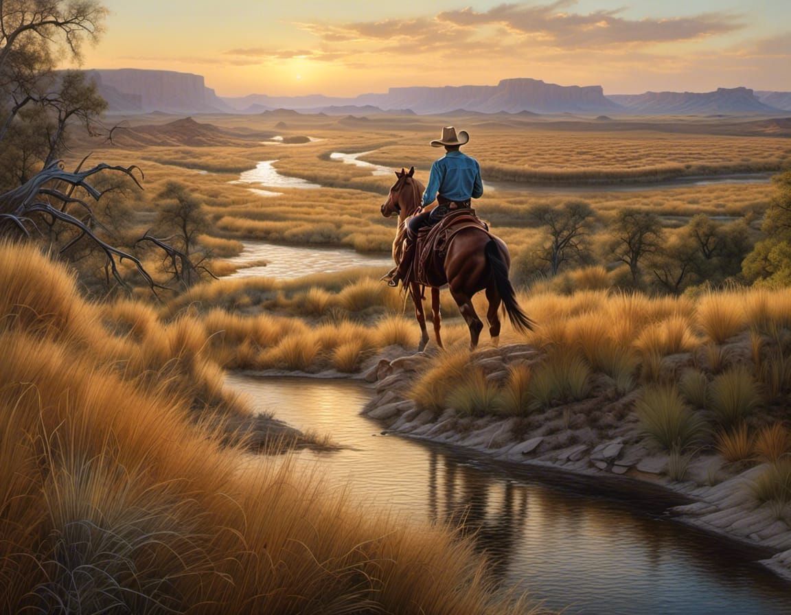 Cowboy on Horseback at Sunset, Photorealistic Painting