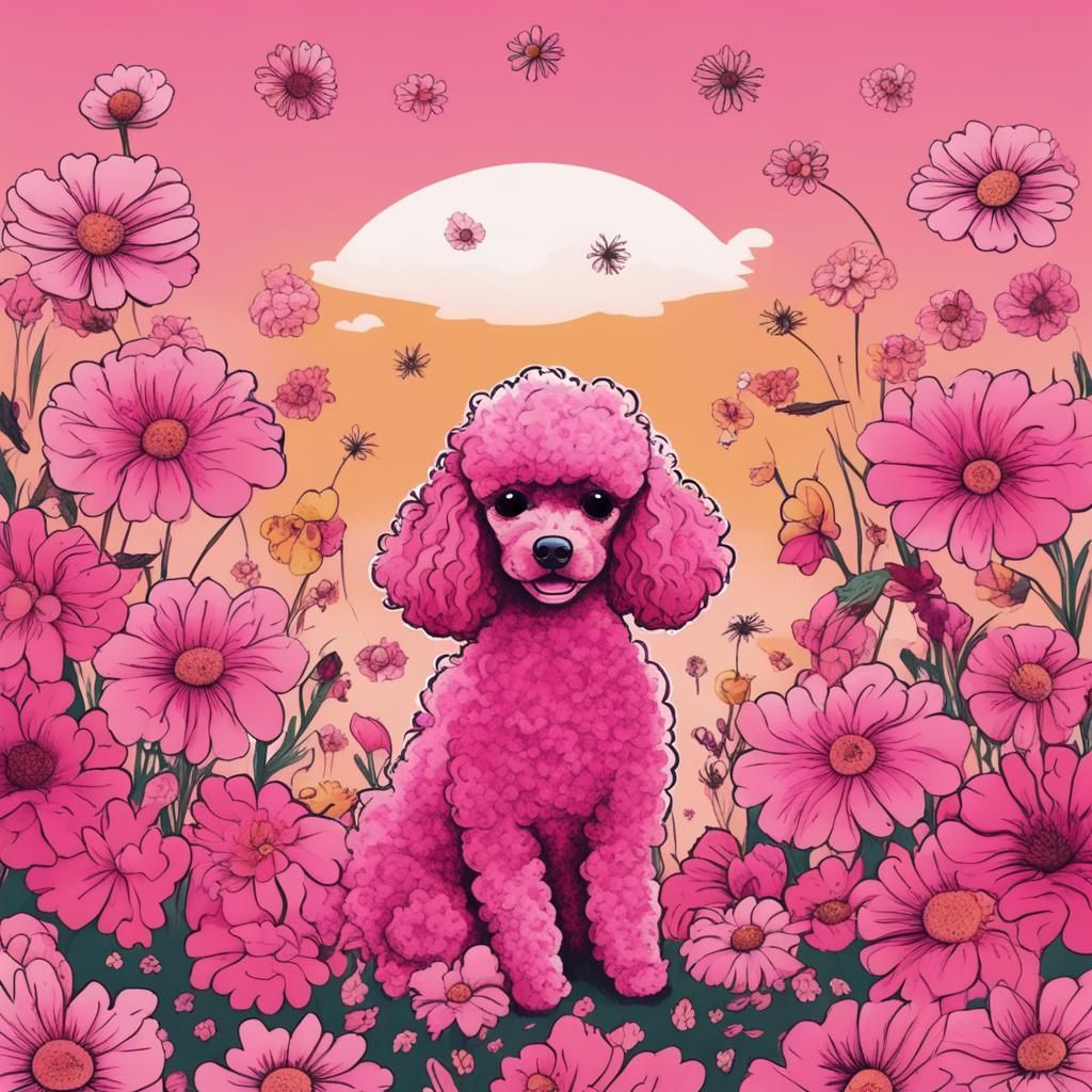 Pink Floral Explosion with Poodle Illustration