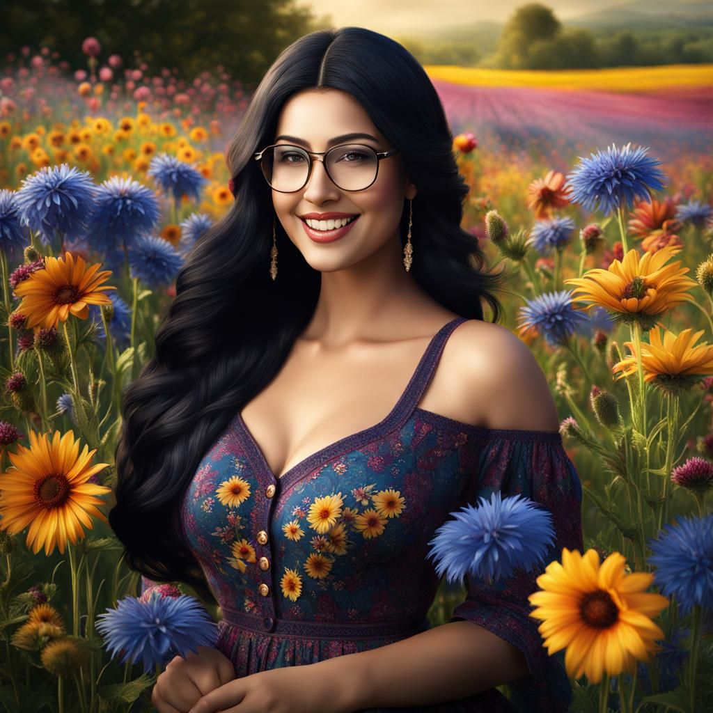 Beautiful Arabian Girl in Cornflower Field, 3D Art