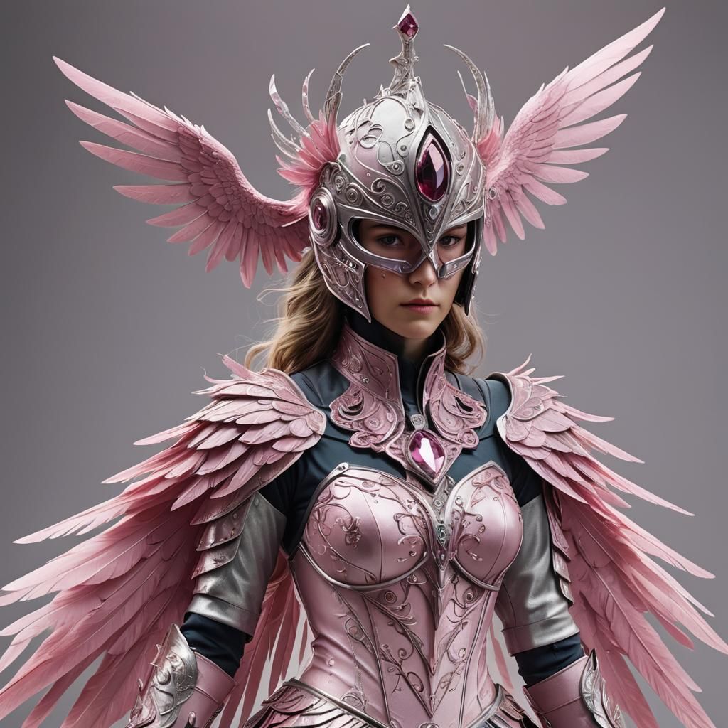 A delicate, flowing pink and silver costume with a finch-inspired design, complete with a gemstone on the forehead.
A li...