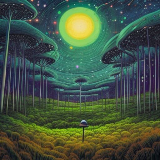 Lush Swampland with Mushroom Forest Under Starry Night