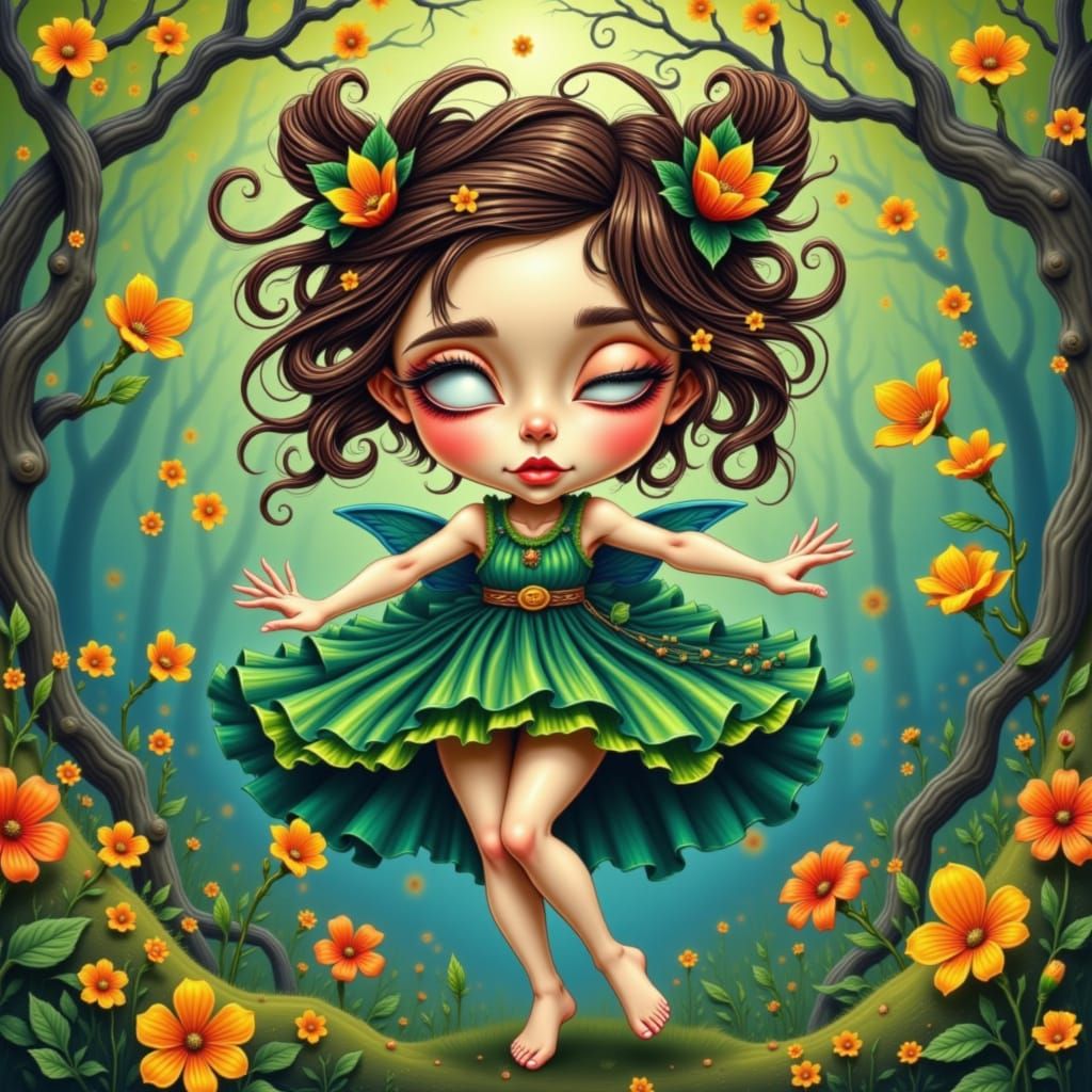 Whimsical Pixie Caricature in Emerald Green Tunic