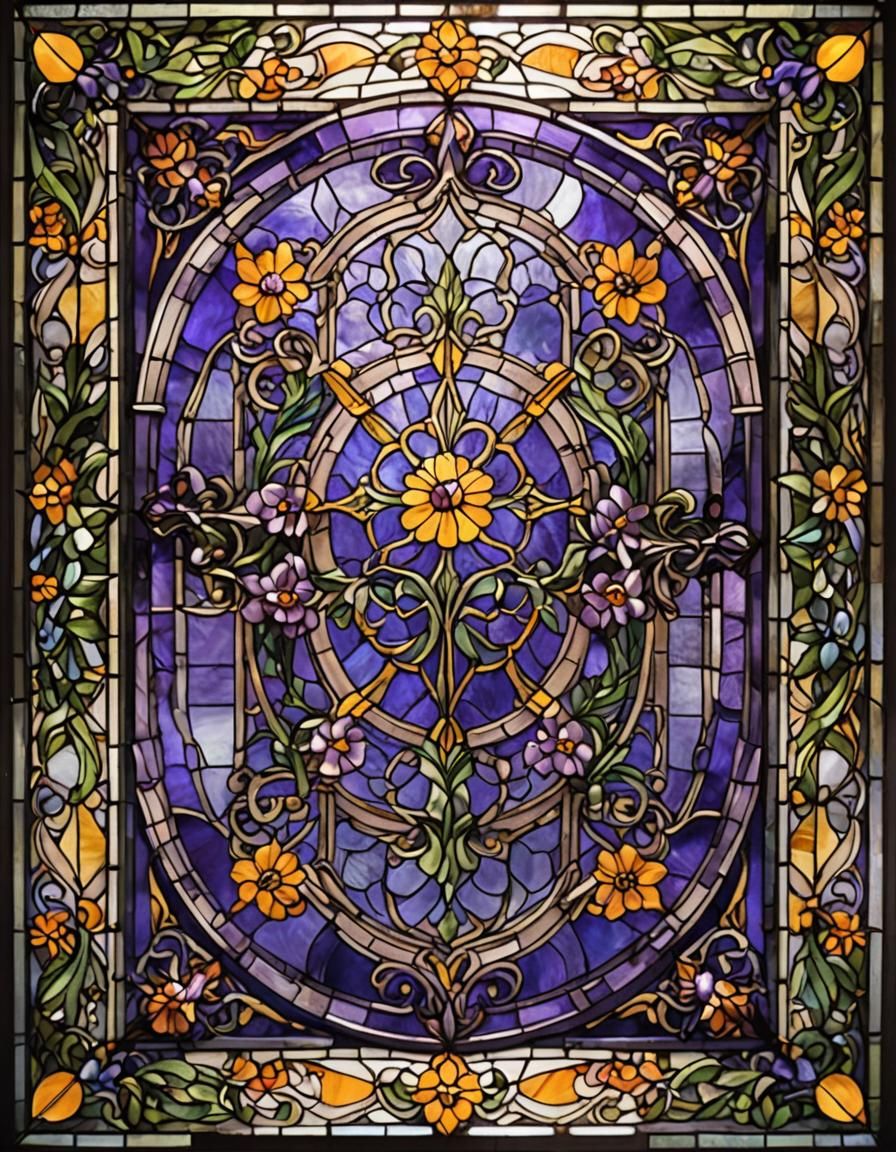 Stained Glass Art: Purple Flower in Square Frame
