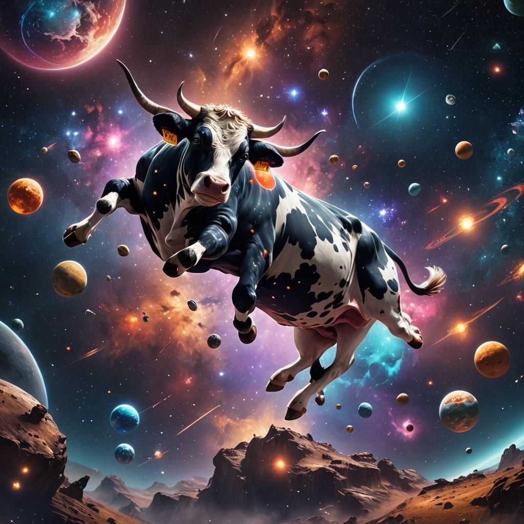 Space Cow's Cosmic Flight: A Detailed Matte Painting