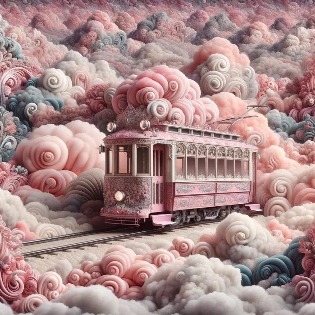 Whimsical Vintage Tram in Pink Cloudscape