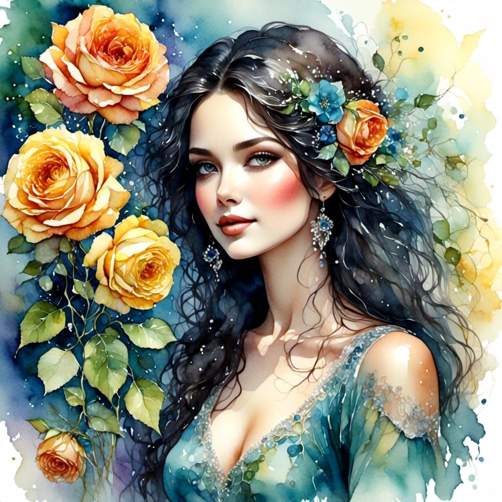 Woman Selling Roses in Sunny Watercolor Market