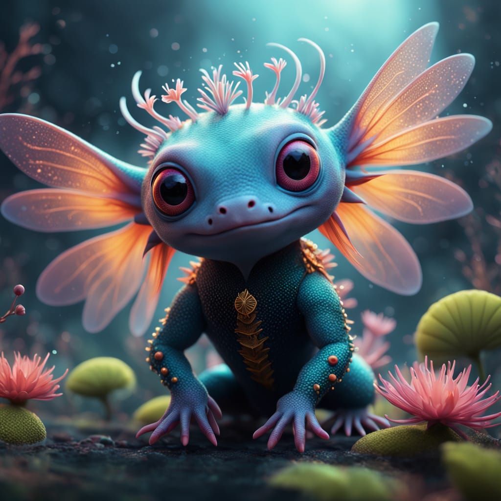 Whimsical Axolotl in Mystical Underwater Realm