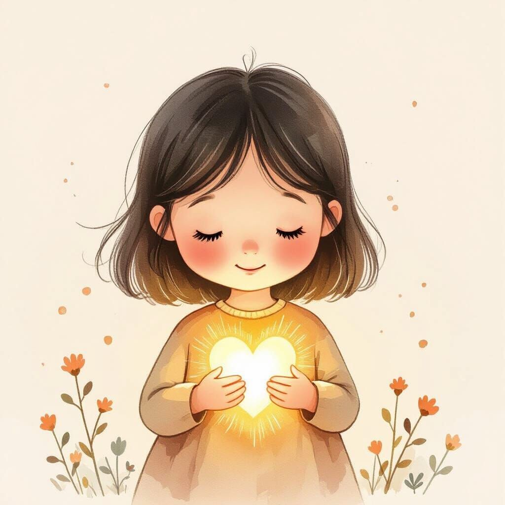 Children's Book Illustration of a Girl with a Glowing Heart