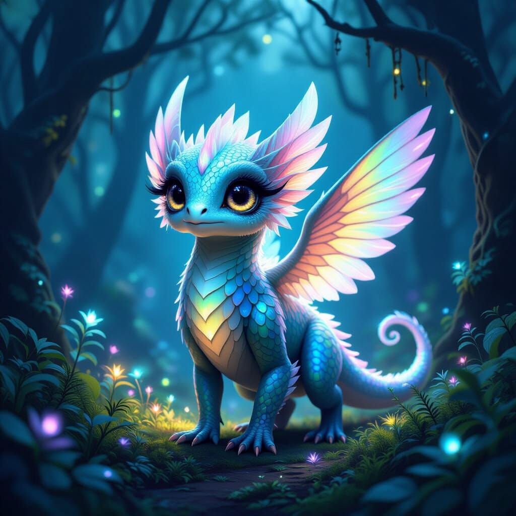 Fantastical Creature in Bioluminescent Forest - Digital Pain...