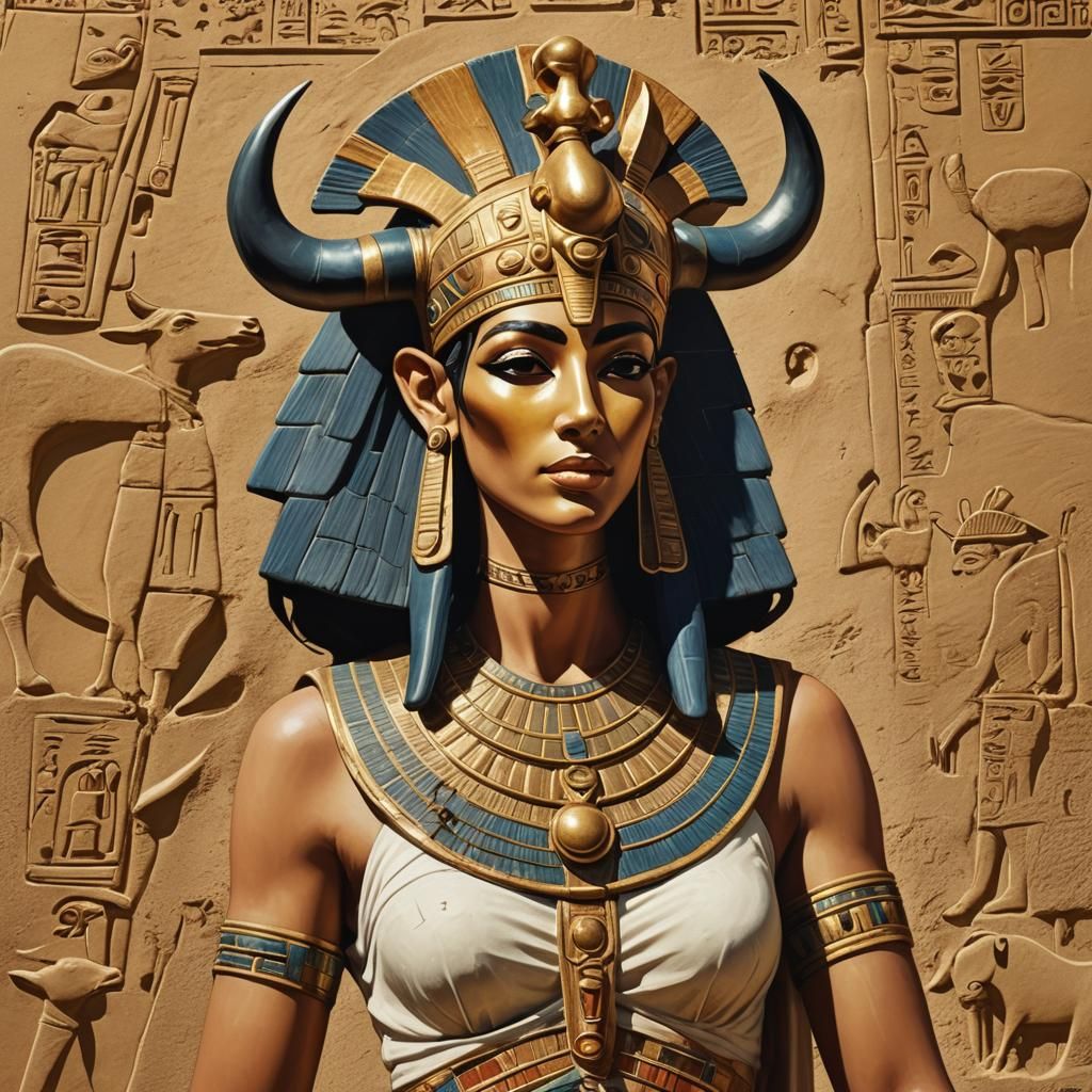 Hathor as Pharaoh Throws Milk in Surreal Egyptian Art