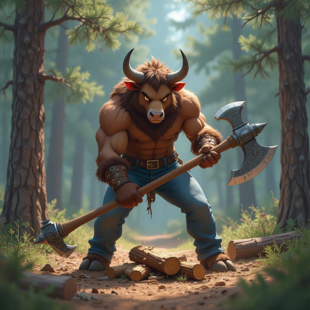 Minotaur in Pine Forest: 3D Anime Art