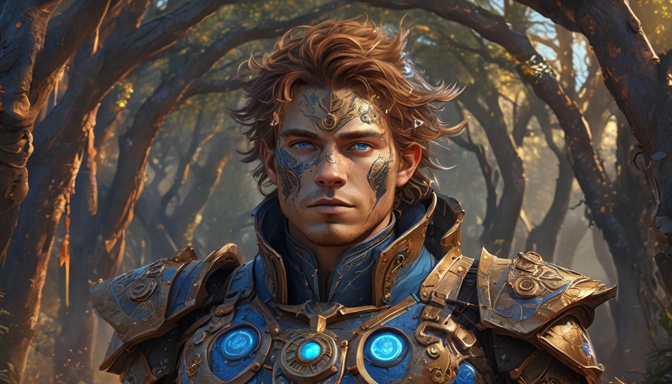 Steampunk Warrior Portrait with Glowing Runes