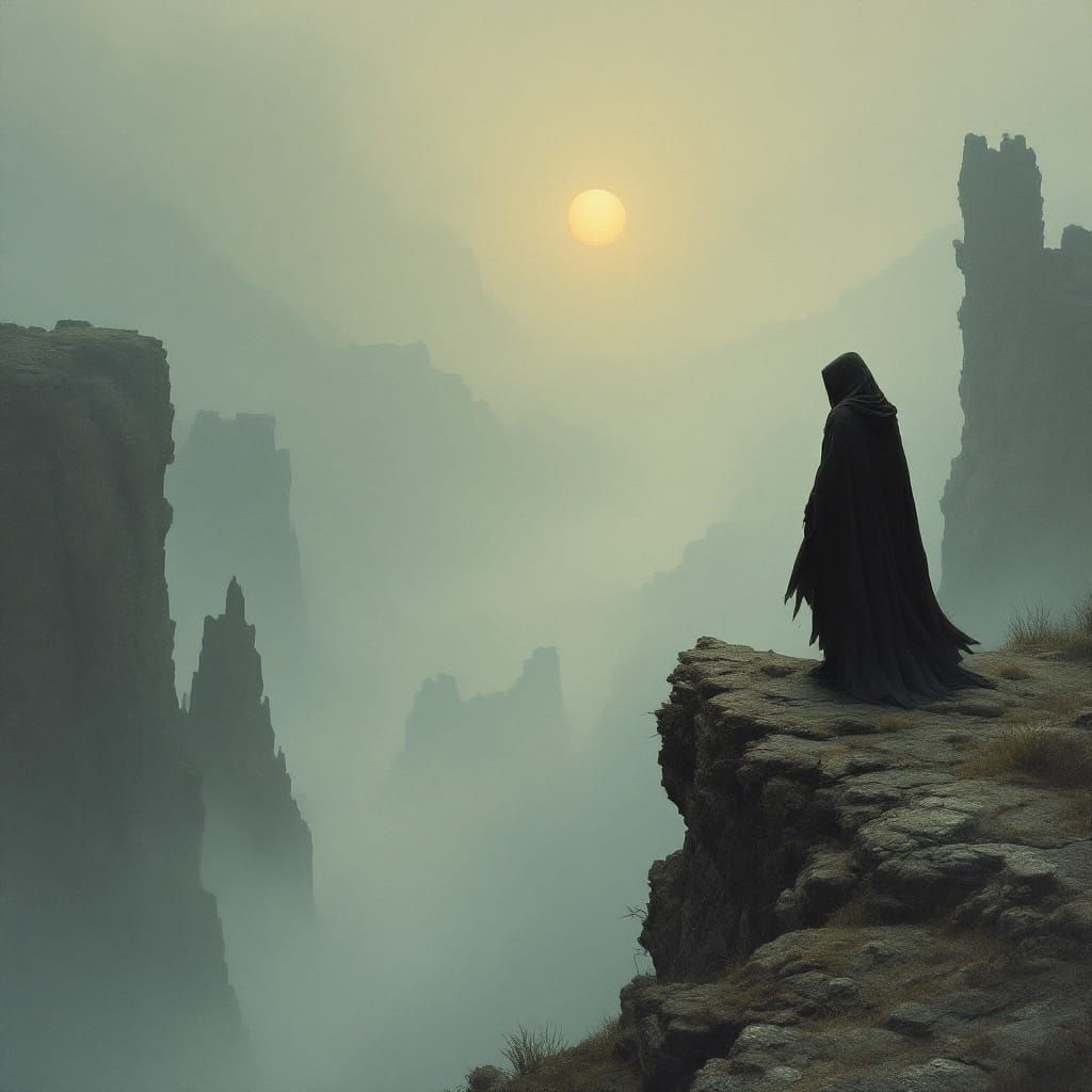 Lone Figure Overlooking Misty Landscape in Surreal Style