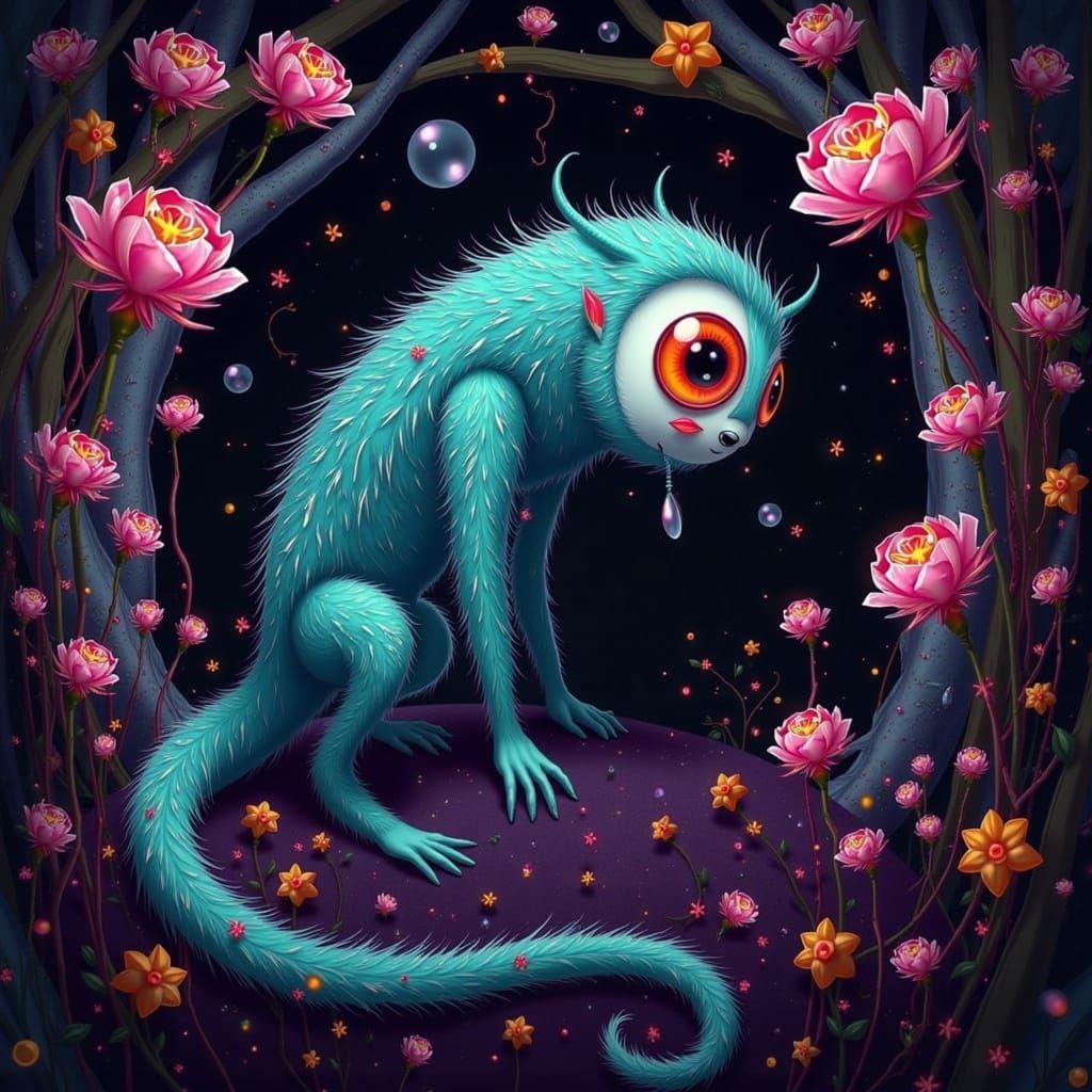 Furry Creature in Vibrant Forest, Murakami Style