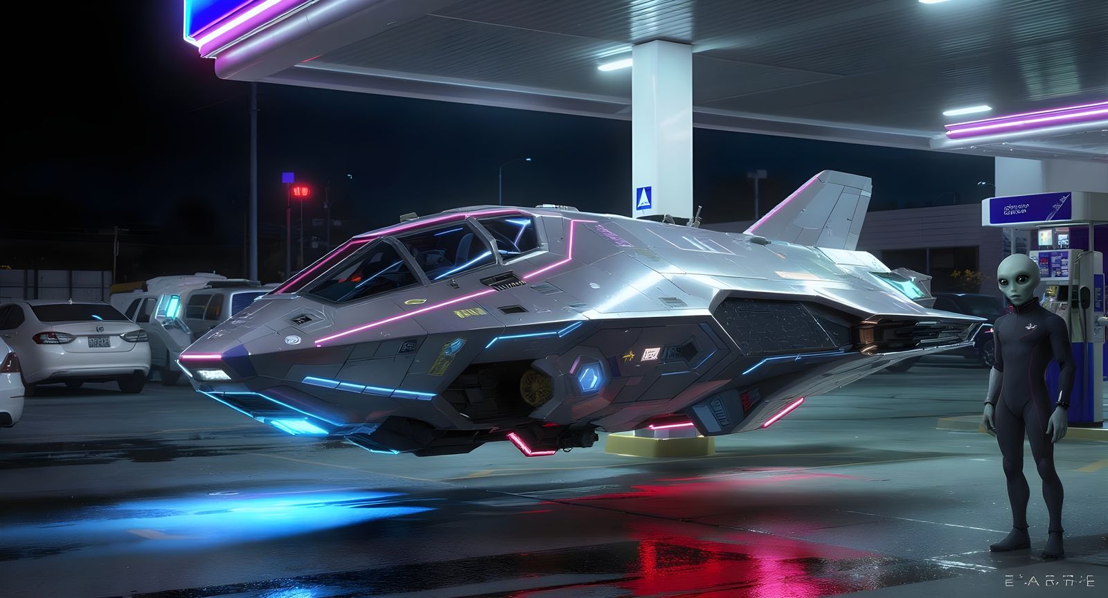 Alien at Gas Station: Sci-Fi Photorealistic Scene