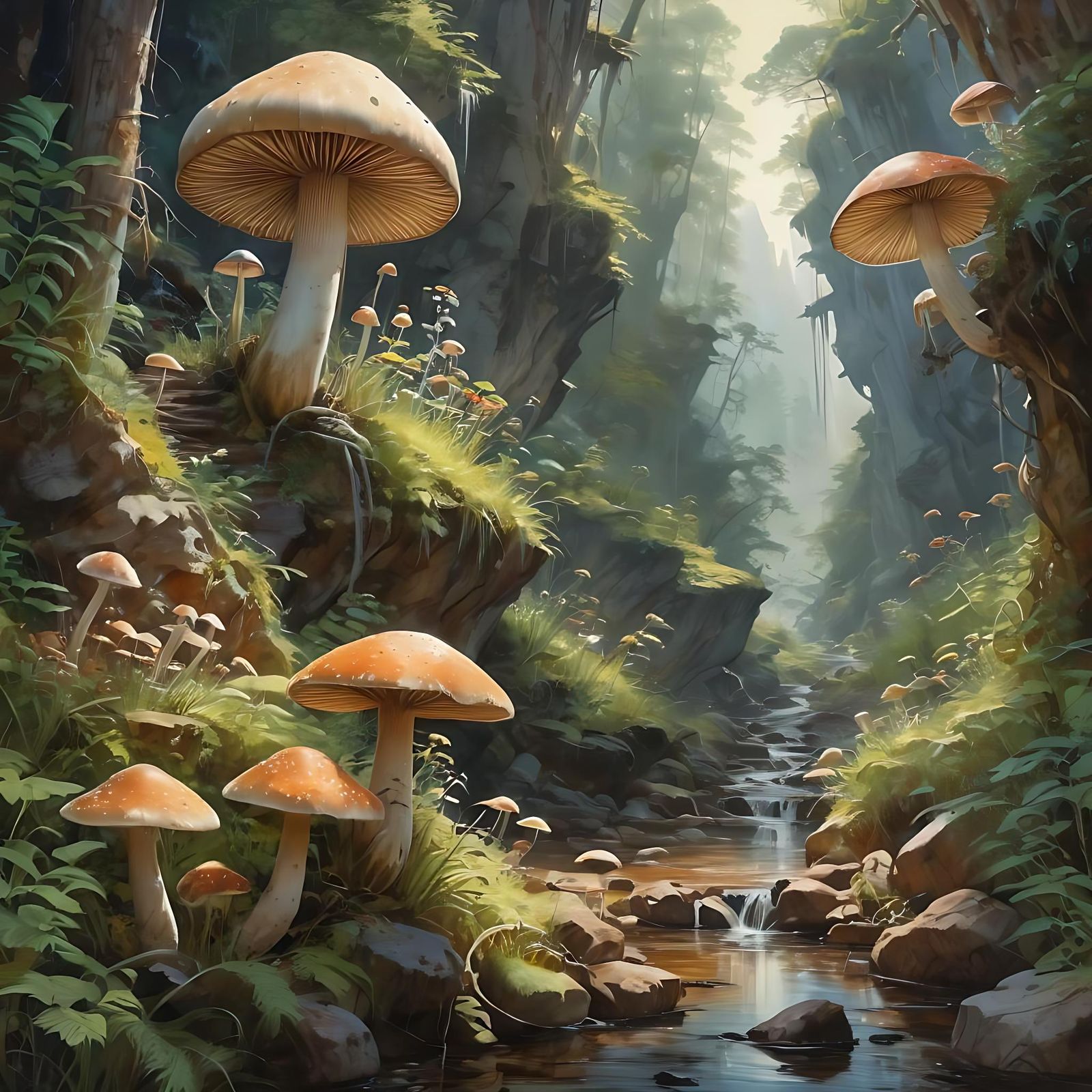 Dreamy Mushroom Gorge in Watercolor Style