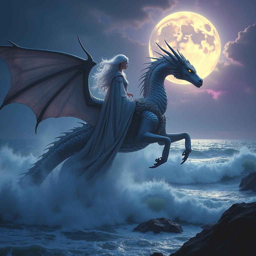 Elven Princess on Dragon Soaring Over Stormy Seas