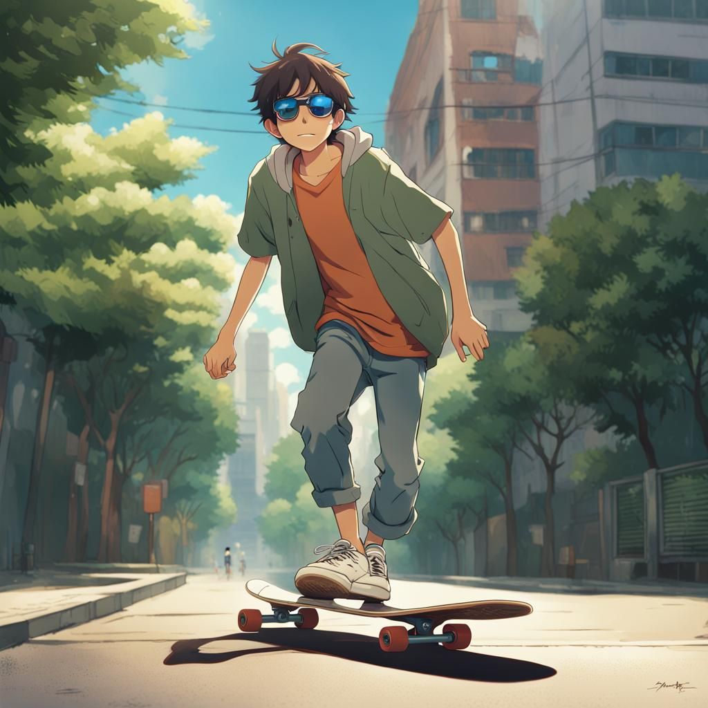 Anime Teenager on Skateboard in Ghibli Style