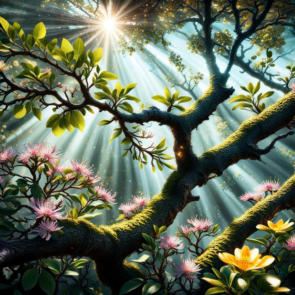 Camouflaged Chameleon in Tree with God Rays