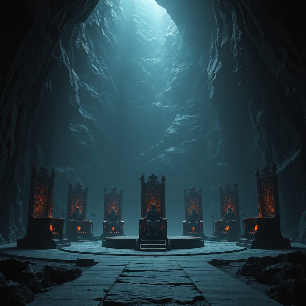 Surreal Tribunal of the Dead in a Vast Underworld Hall, Obsi...