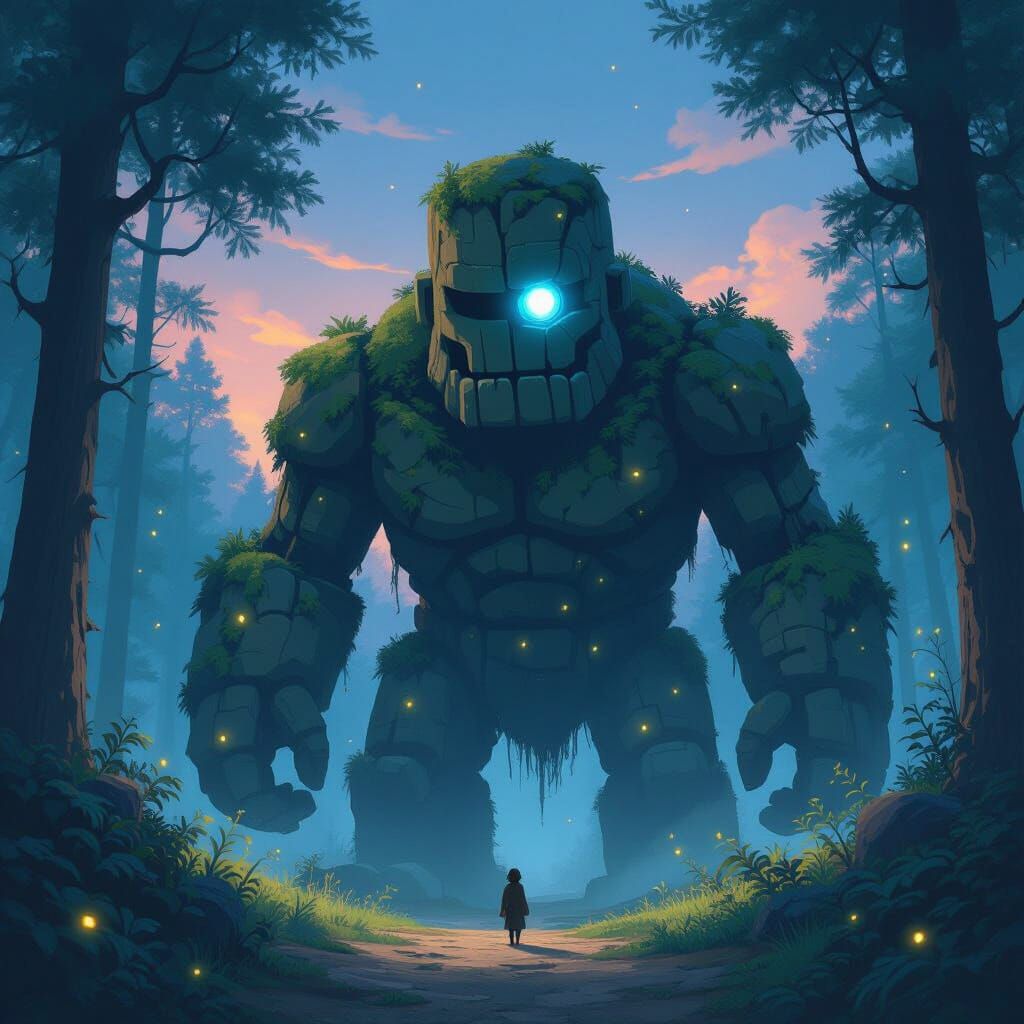 Ancient Stone Golem Guards Forest Path in Vintage Animation ...