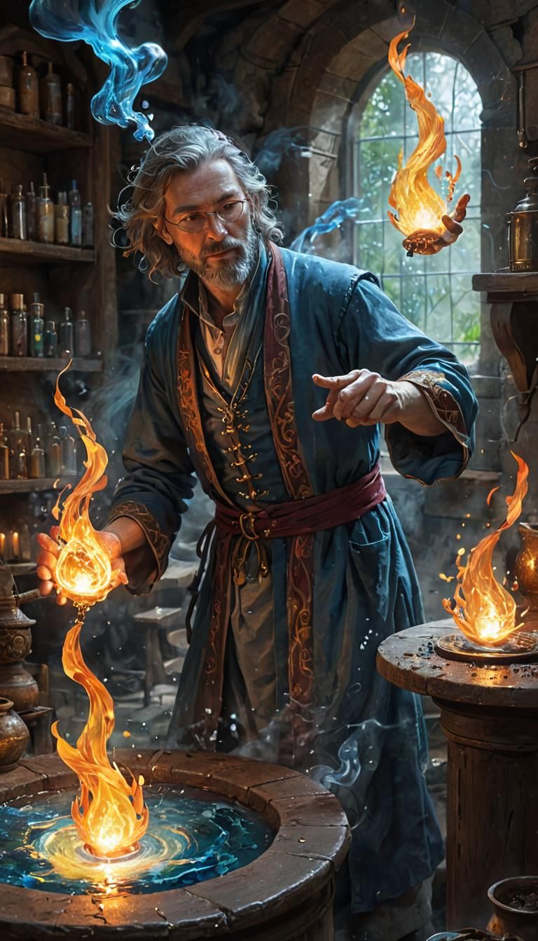 Elemental Alchemist in Mystical Workshop: Fantasy Illustrati...