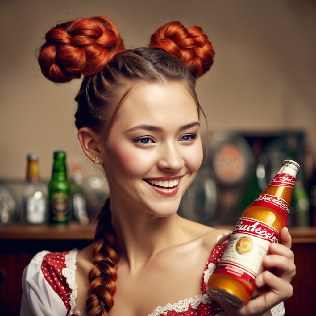 Girl with Braids Holds Beer Bottle in Photo