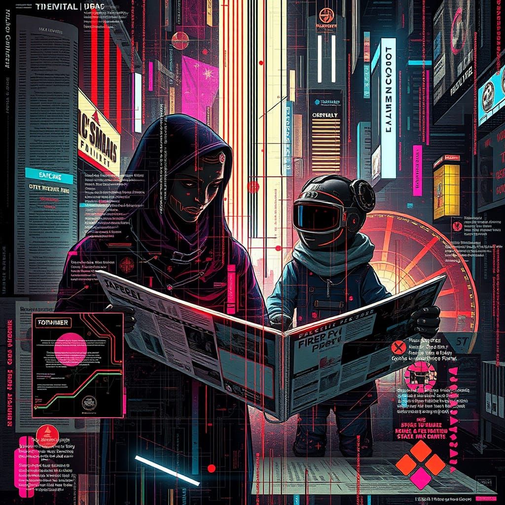 Dystopian Newspaper Family in Digital Hyperrealism