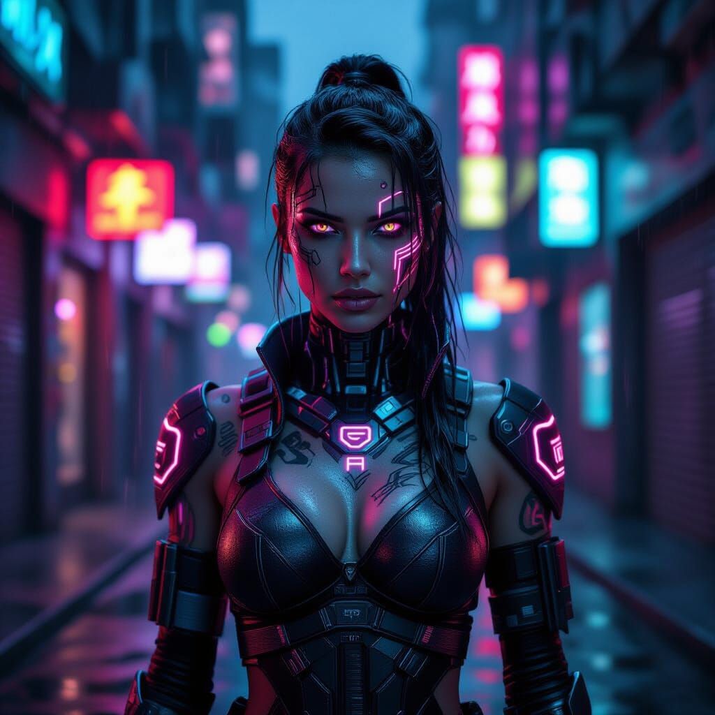 Cyberpunk Warrior Woman in Rain-Slicked Alley