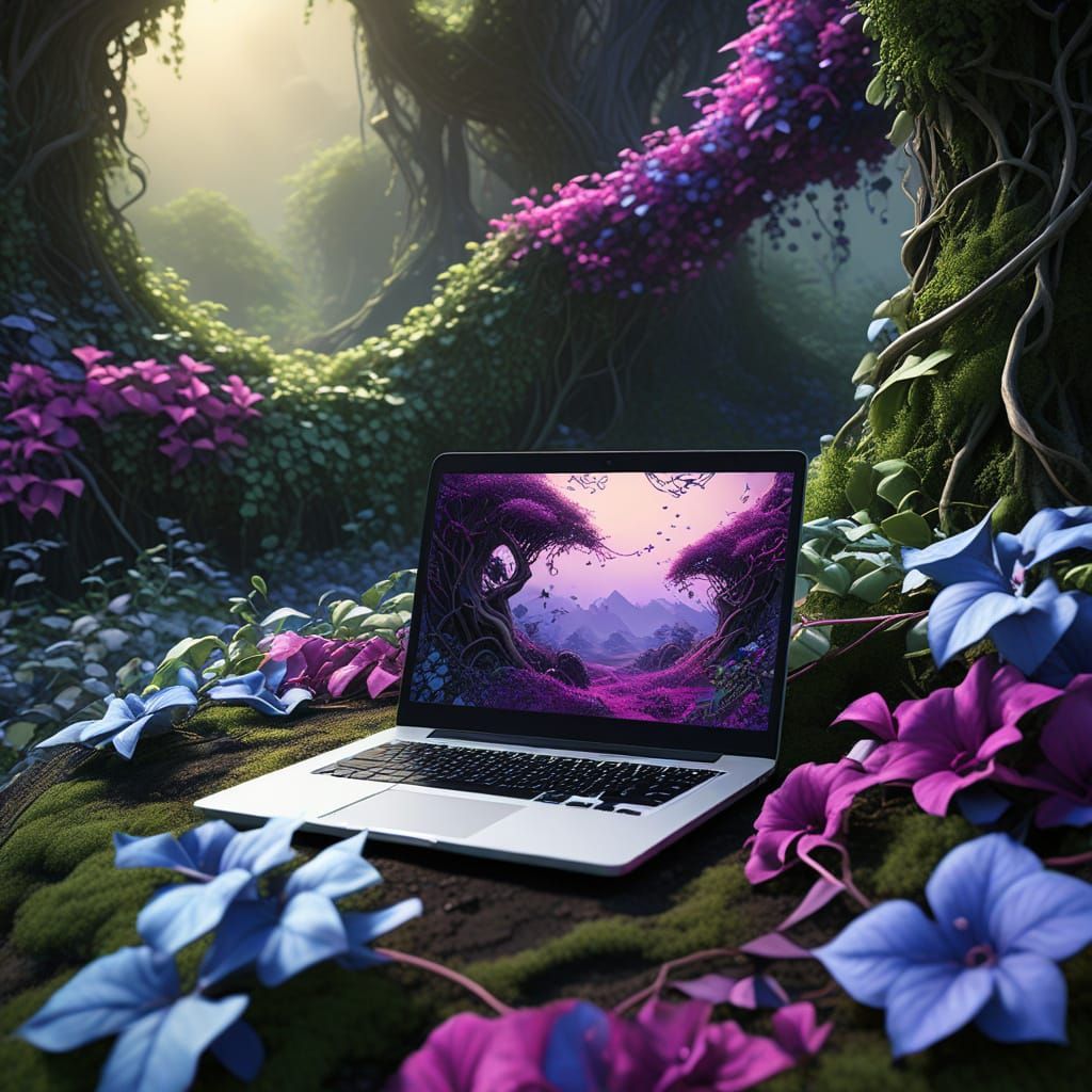 Laptop Overtaken by Periwinkle Nature, Digital Art
